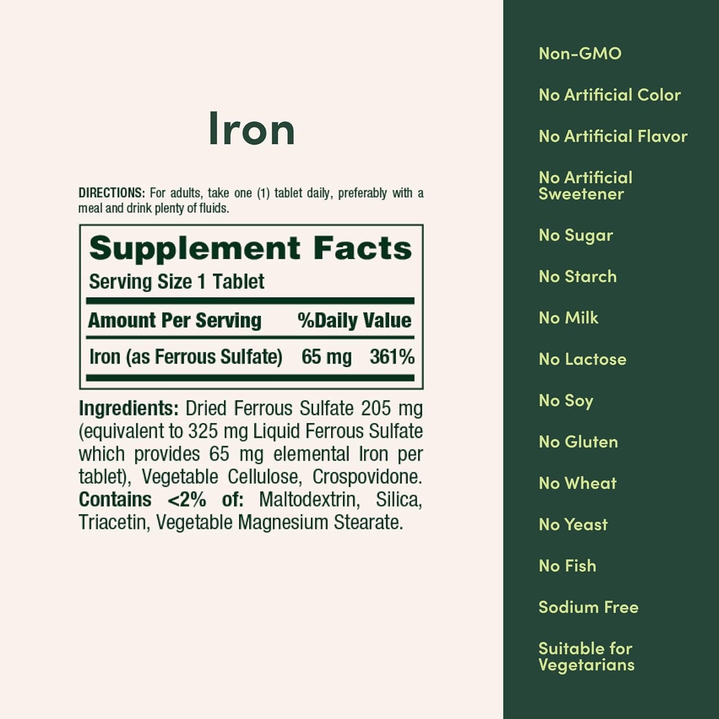 Iron 65Mg, 325 Mg Ferrous Sulfate, Cellular Energy Support, Promotes Normal Red Blood Cell Production, 100 Tablets
