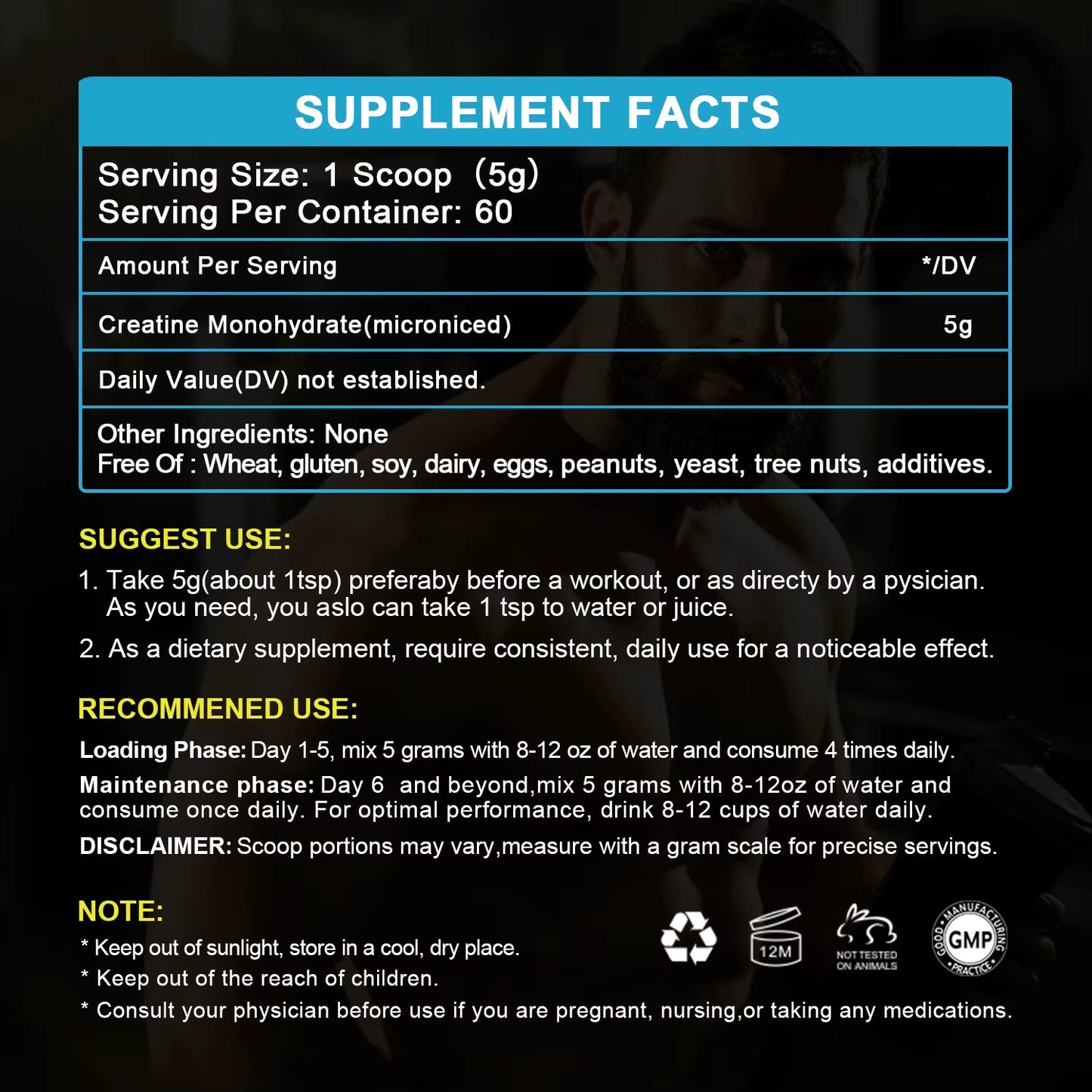 300G Creatine Monohydrate Fitness Supplements Build Muscles Muscle Endurance, Non-Gmo, Gluten-Free
