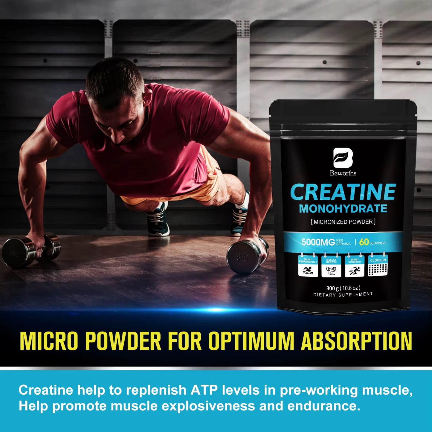 300G Creatine Monohydrate Fitness Supplements Build Muscles Muscle Endurance, Non-Gmo, Gluten-Free