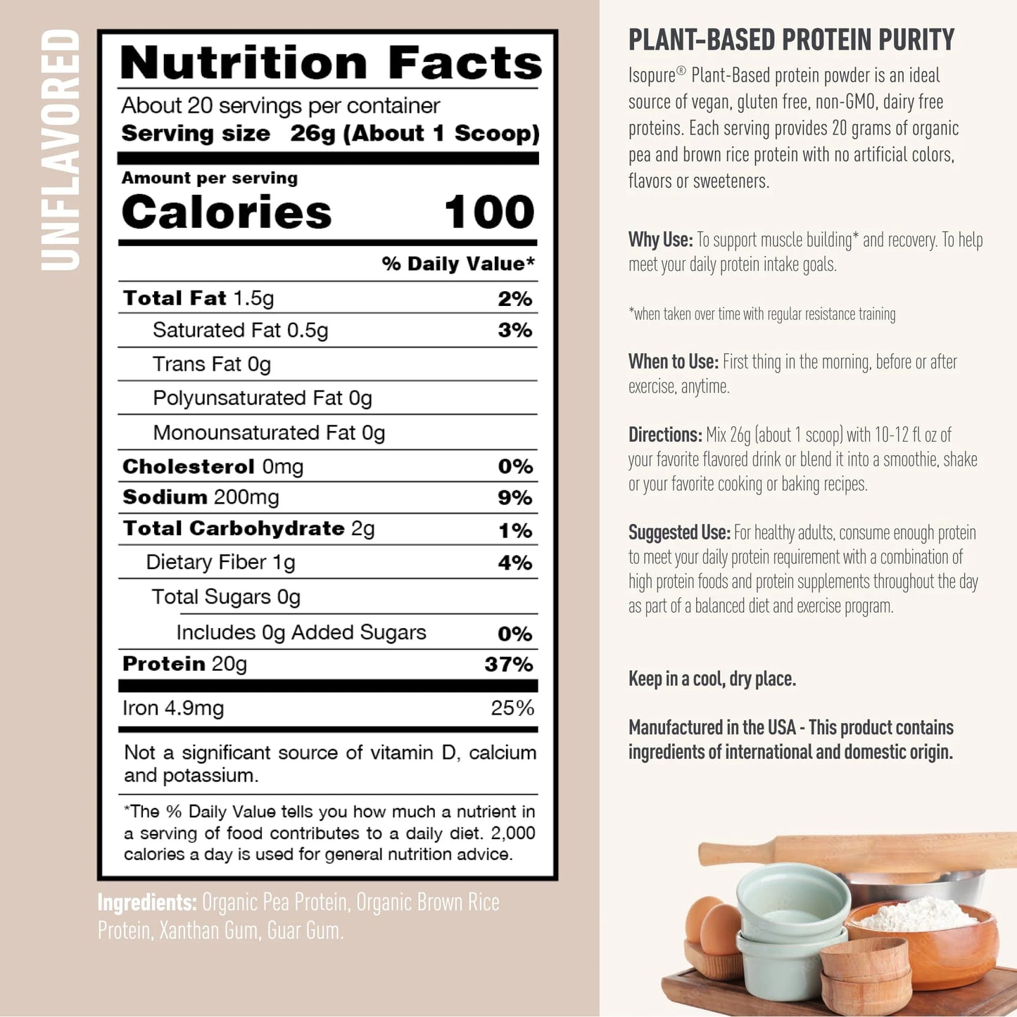, Plant-Based Protein, 20 G Pea & Brown Rice Protein Powder, Unflavored, 1.15 Lb, about 20 Servings