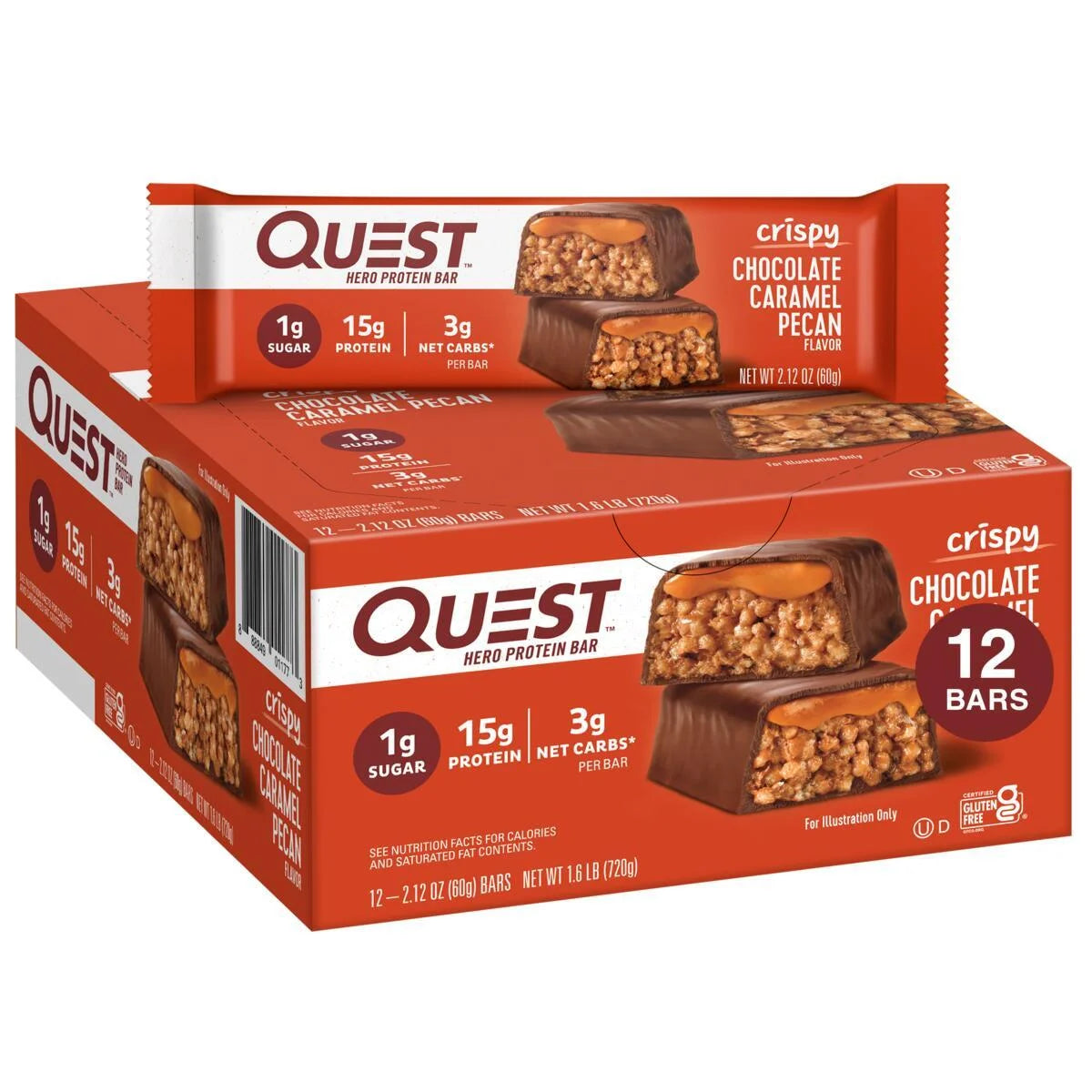 Barras de Proteína Quest Hero, Bajo en Carbohidratos, Sin Gluten, Sabor Chocolate Caramelo Pecanas, 12 Unidades
