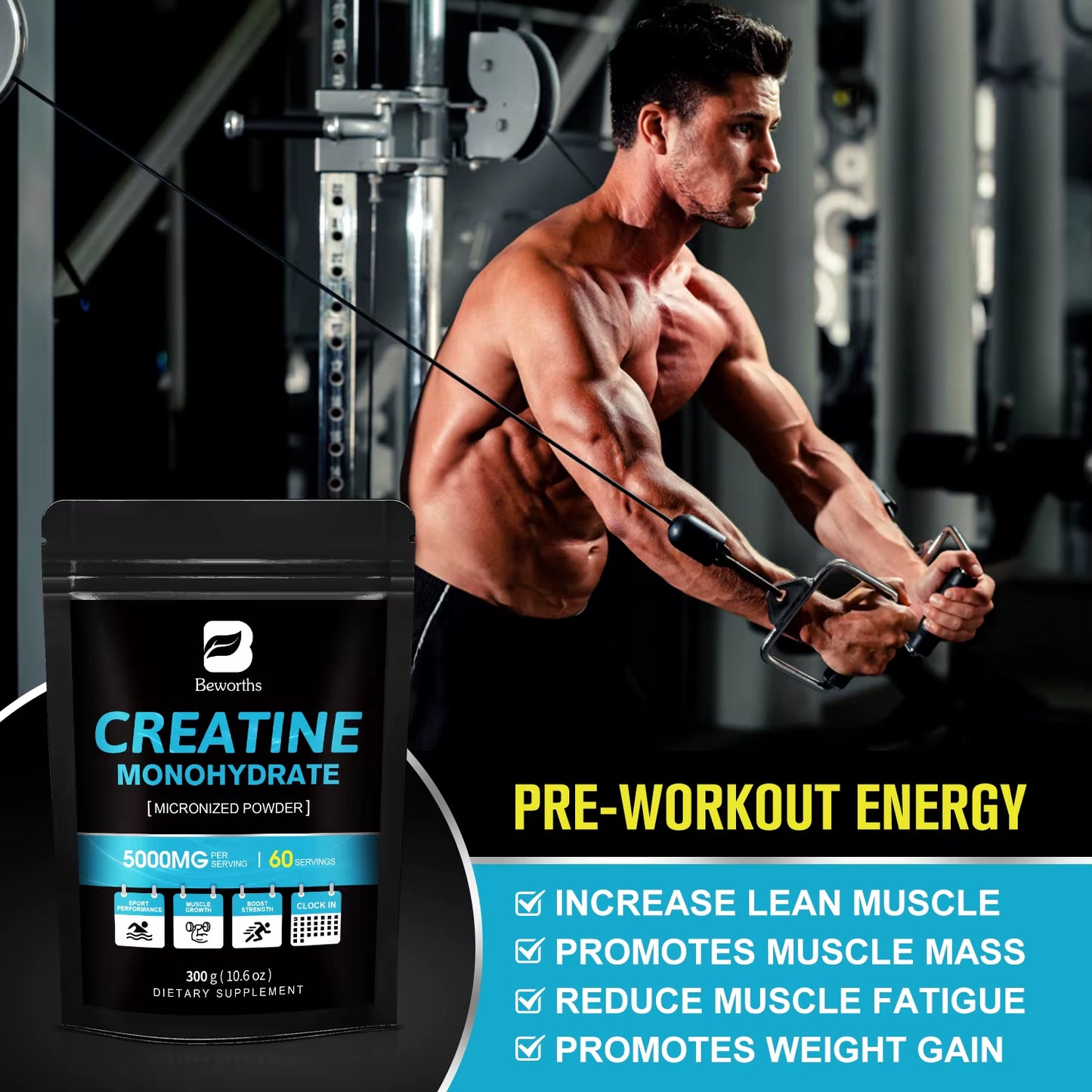 300G Creatine Monohydrate Fitness Supplements Build Muscles Muscle Endurance, Non-Gmo, Gluten-Free