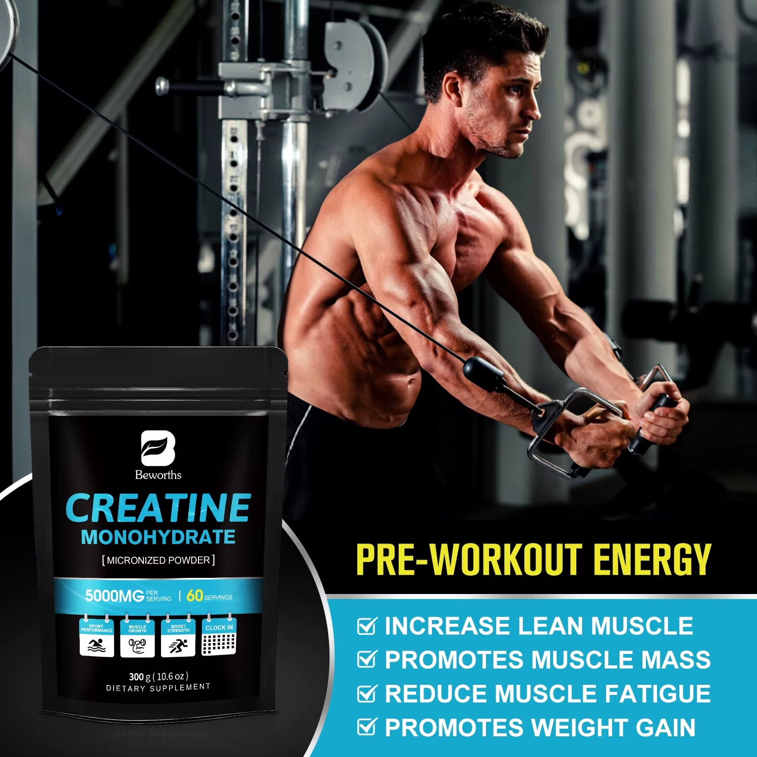 300G Creatine Monohydrate Fitness Supplements Build Muscles Muscle Endurance, Non-Gmo, Gluten-Free