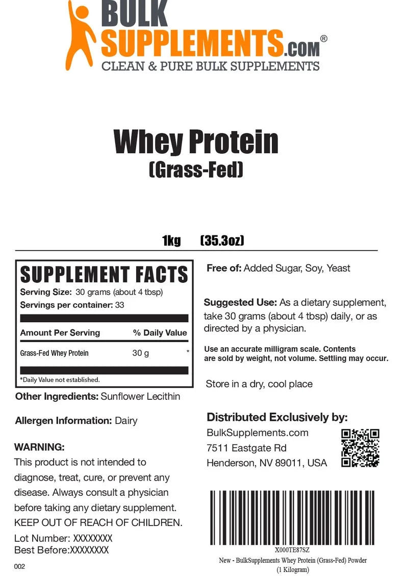 Bulksupplements Grass-Fed Whey Protein Concentrate Powder - 30G per Serving - 1 Kilogram (2.2 Lbs) - 33 Servings