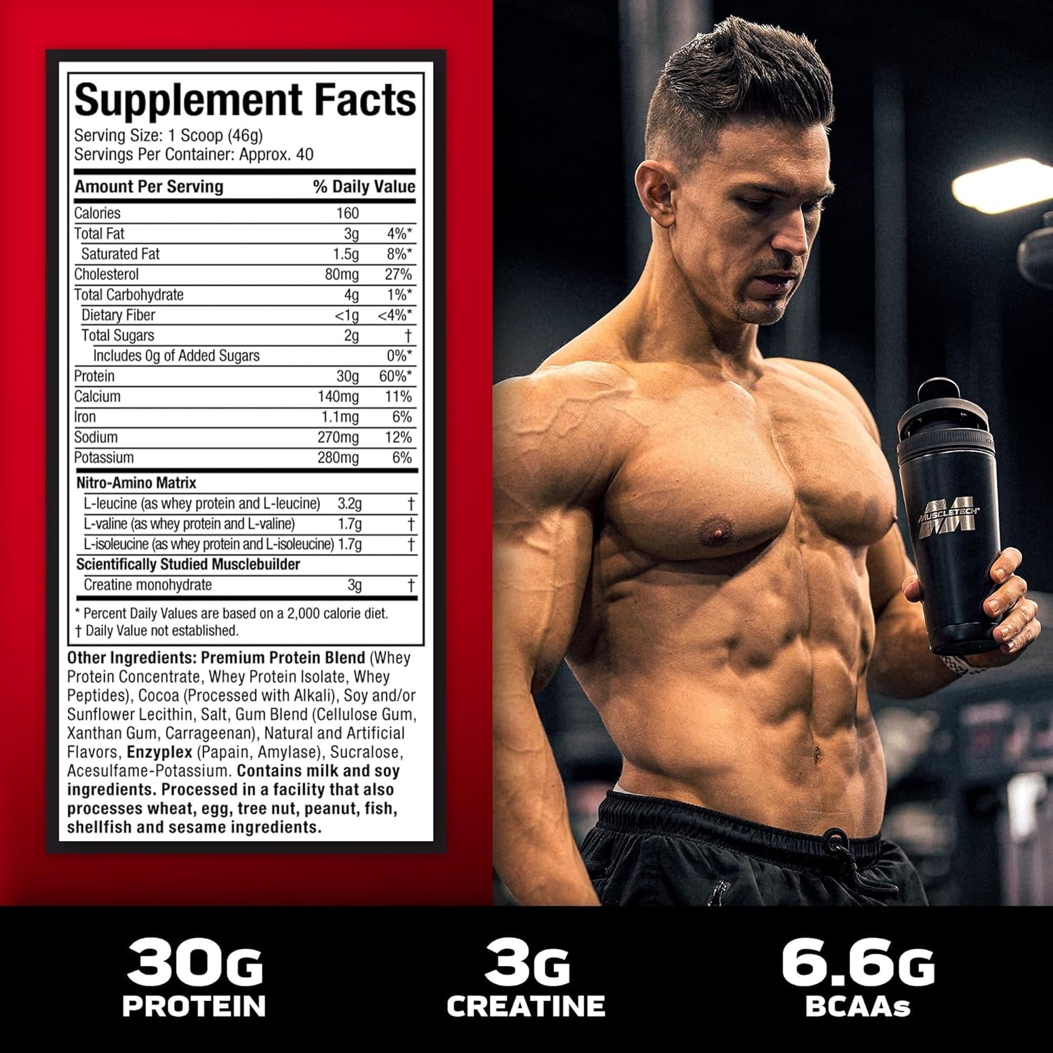 Whey Protein Powder (Milk Chocolate, 10 Pound) - Nitro-Tech Muscle Building Formula with Whey Protein Isolate & Peptides - 30G of Protein, 3G of Creatine & 6.6G of BCAA