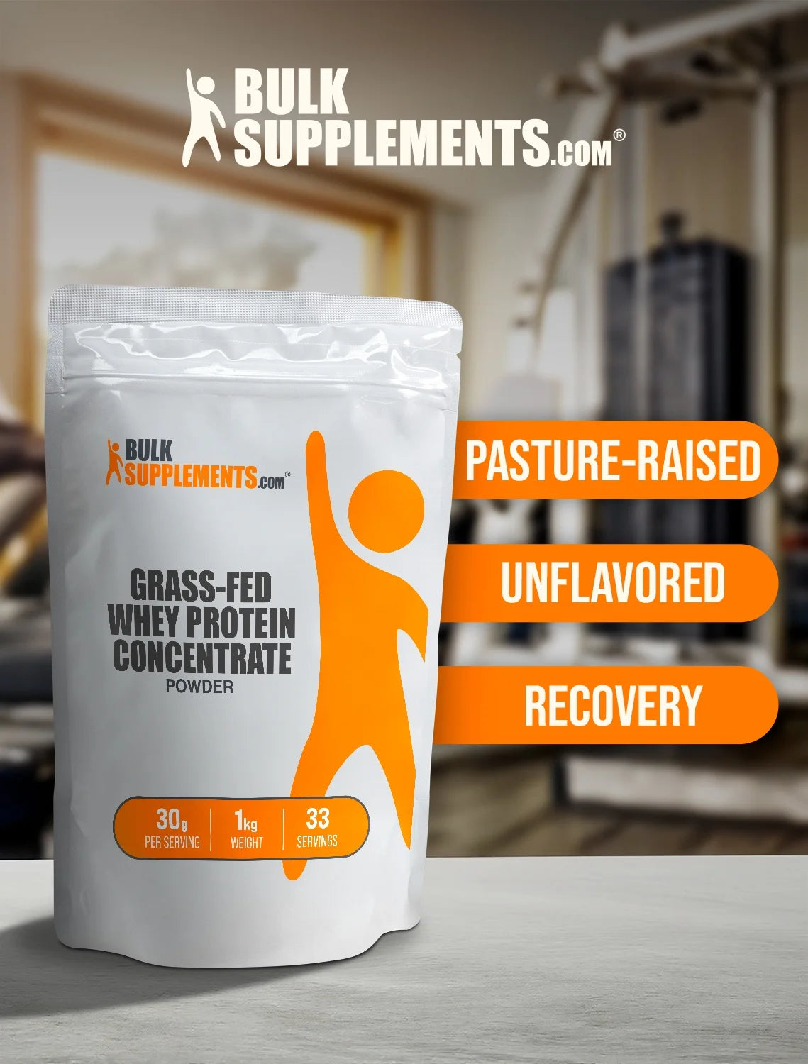 Bulksupplements Grass-Fed Whey Protein Concentrate Powder - 30G per Serving - 1 Kilogram (2.2 Lbs) - 33 Servings