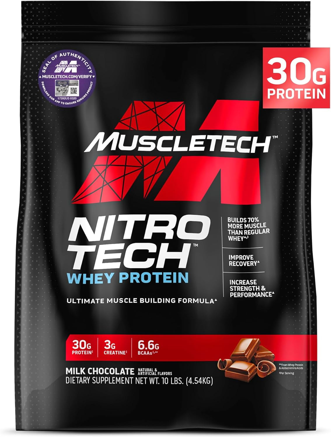 Whey Protein Powder (Milk Chocolate, 10 Pound) - Nitro-Tech Muscle Building Formula with Whey Protein Isolate & Peptides - 30G of Protein, 3G of Creatine & 6.6G of BCAA