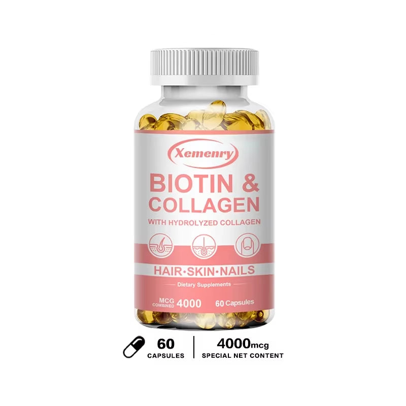 Suplemento de Biotina y Colágeno, Cápsulas Veganas, Sin OGM ni Gluten