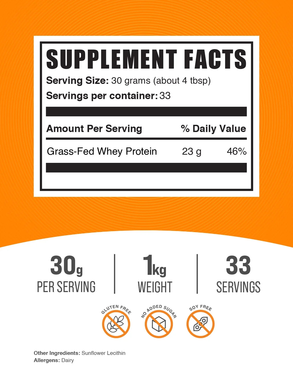 Bulksupplements Grass-Fed Whey Protein Concentrate Powder - 30G per Serving - 1 Kilogram (2.2 Lbs) - 33 Servings