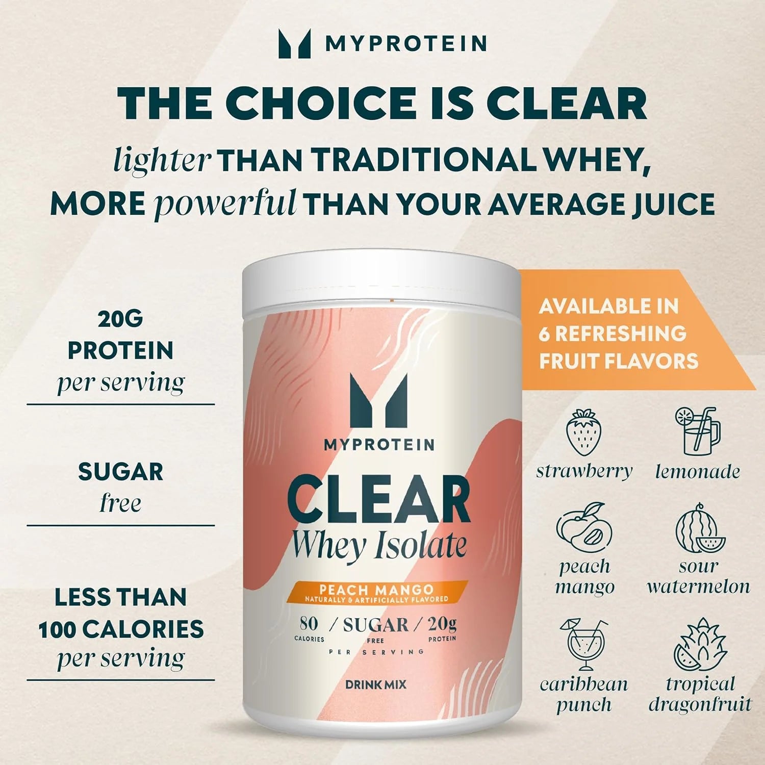 Clear Whey Isolate Protein Powder, Peach Mango, 20 Servings