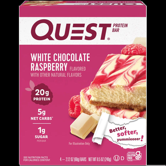 Barras de Proteína Quest, Chocolate Blanco y Frambuesa, 20g de Proteína, Sin Gluten, 4 Unidades