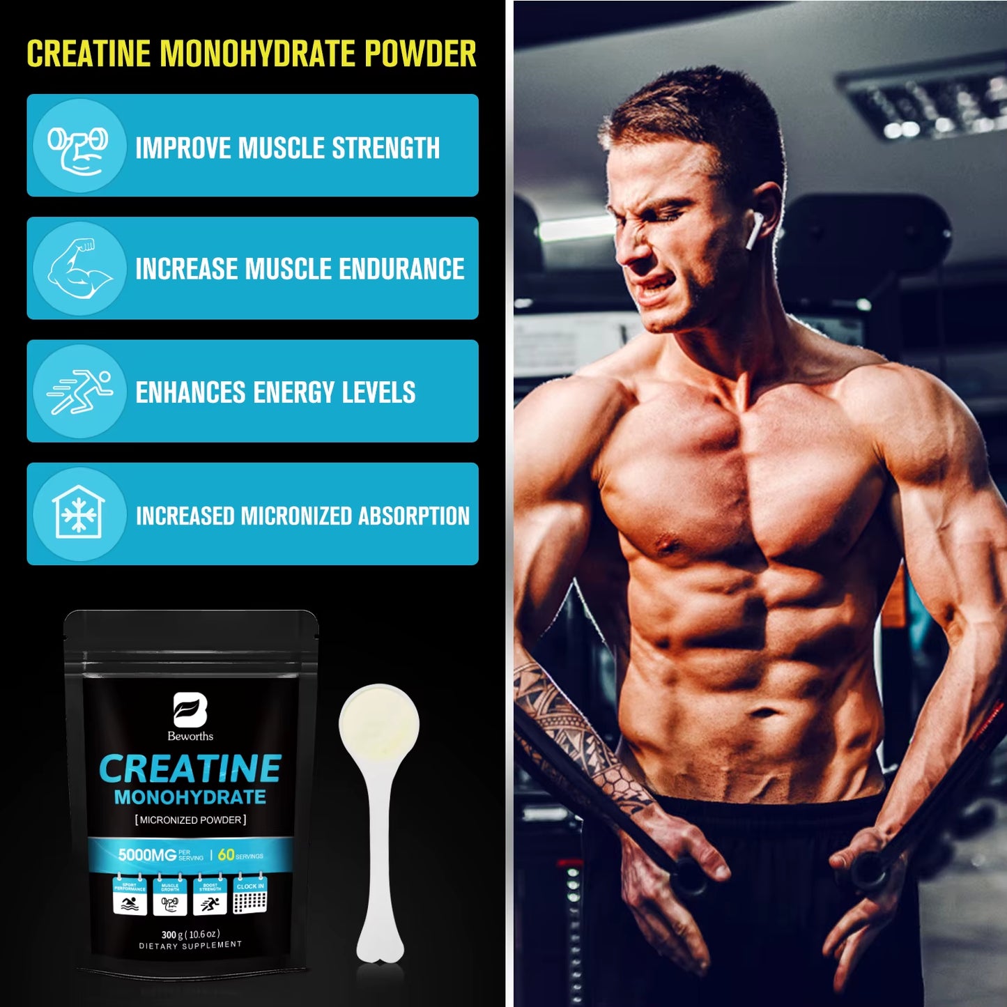 300G Creatine Monohydrate Fitness Supplements Build Muscles Muscle Endurance, Non-Gmo, Gluten-Free