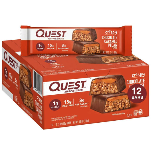 Barras de Proteína Quest Hero, Bajo en Carbohidratos, Sin Gluten, Sabor Chocolate Caramelo Pecanas, 12 Unidades